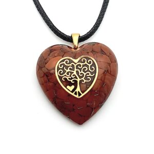 Orgone energy heart shaped pendant necklace with golden Tree of Life and red Jasper stones. Handmade in the USA