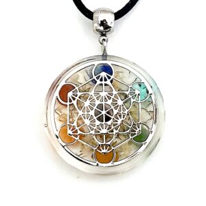 transparent resin circular pendant containing seven chakra stones behind each angle of a silver metatron cube