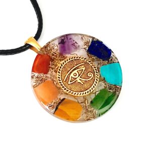 Orgone energy pendant necklace with golden Eye of Horus and Seven Chakra stones 1.25 inch. Made in USA