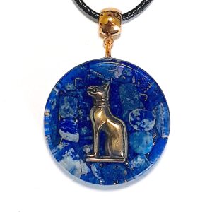 Orgone energy pendant with Bastet Egyptian Cat Goddess and authentic Lapis Lazuli stones. Made in USA