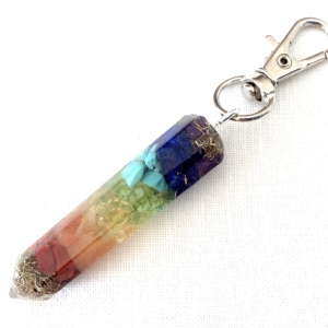 Orgone energy Quartz point keychain with Seven Chakra healing stones. Silver snap hook. Made in USA