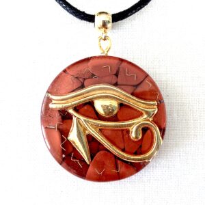 Orgone pendant necklace with golden Eye of Horus & Red Jasper stones. Egyptian amulet 1.35″. Made in USA