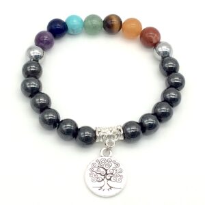 Seven Chakra bracelet silver Tree of Life and magnetic hematite beads. Natural stones and healing crystals. 3 sizes. Made in USA