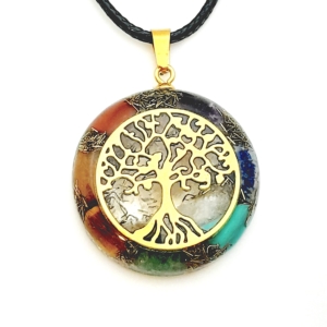 Orgone energy pendant necklace with golden Tree of Life and Seven Chakra Stones. 1.35″ diameter. Handmade in the USA