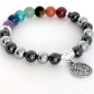 Seven Chakra bracelet silver Eye of Horus and magnetic Hematite beads 8mm. Natural stones and healing crystals. 3 sizes. Made in USA